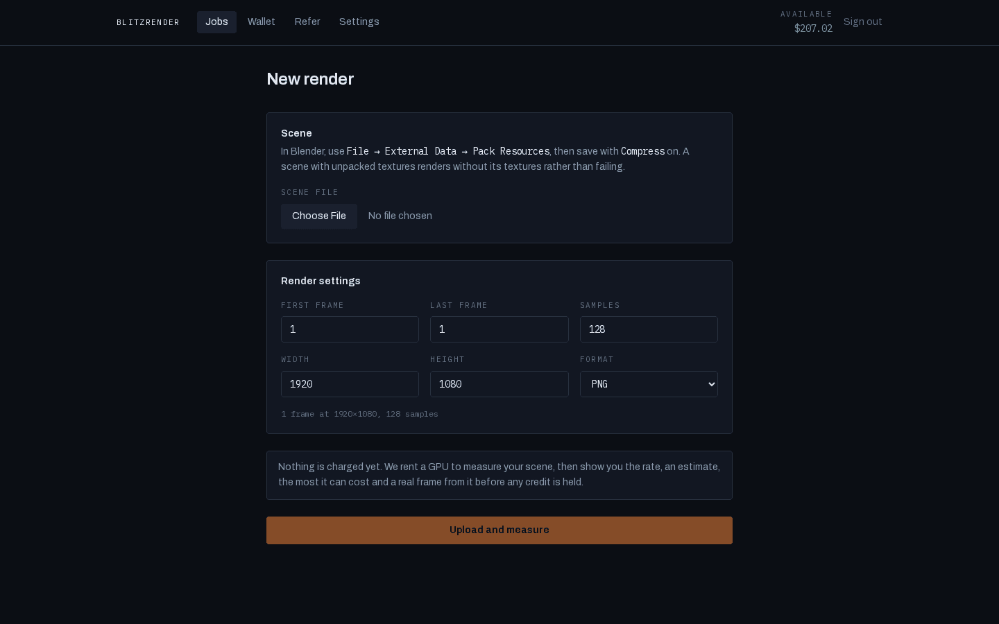 The job form: one packed .blend, a frame range, resolution, samples and output format.